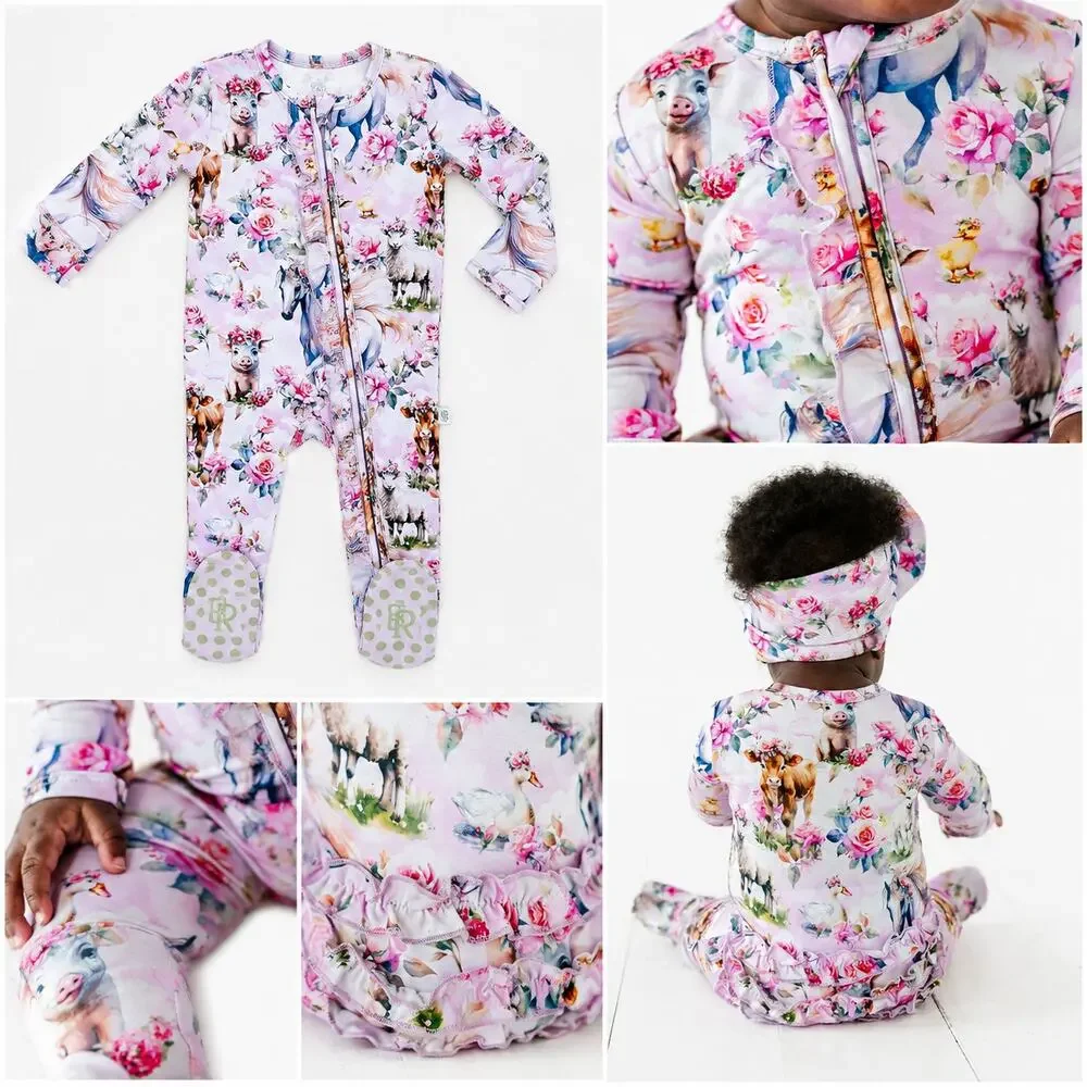 Bums & Roses Hay Girl Hay 9-12M Bamboo Ruffle Footie Farm Animals Floral